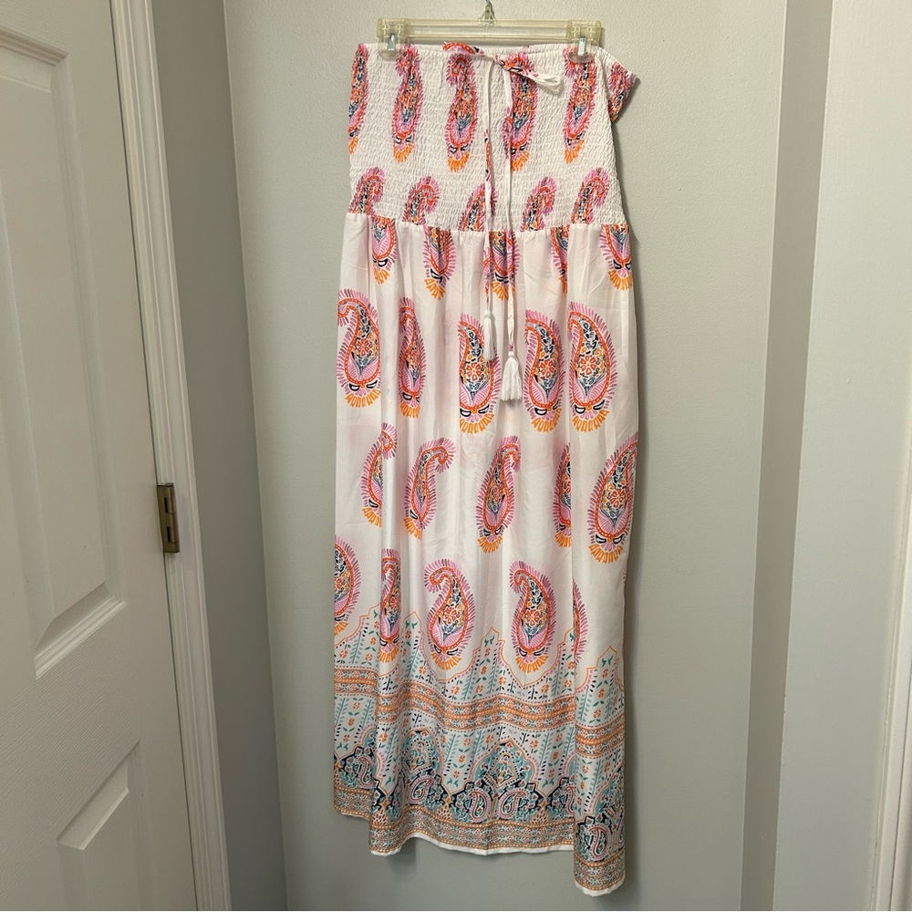 Smocked Waist White Maxi Dress with Pink Paisley Print